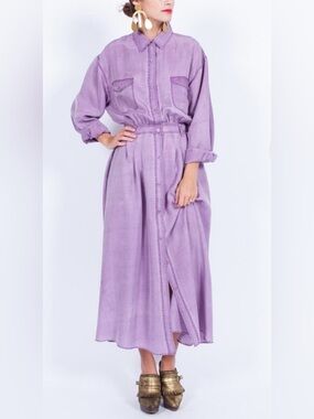 Vintage 100% Silk Purple Lightweight Button-Front Shirt Dress w/Pockets-12